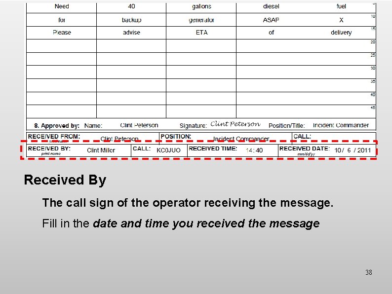 Received By The call sign of the operator receiving the message. Fill in the