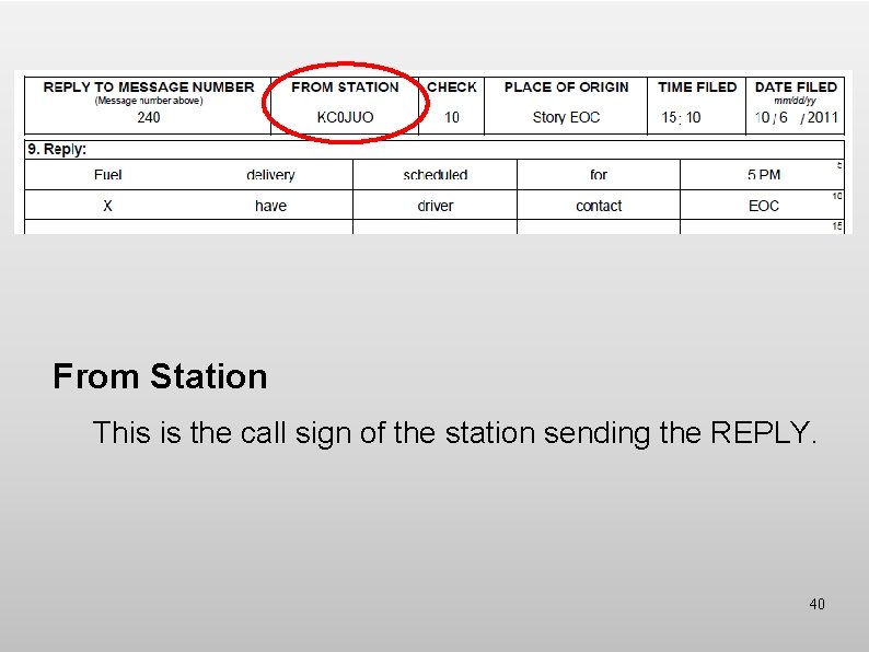 From Station This is the call sign of the station sending the REPLY. 40