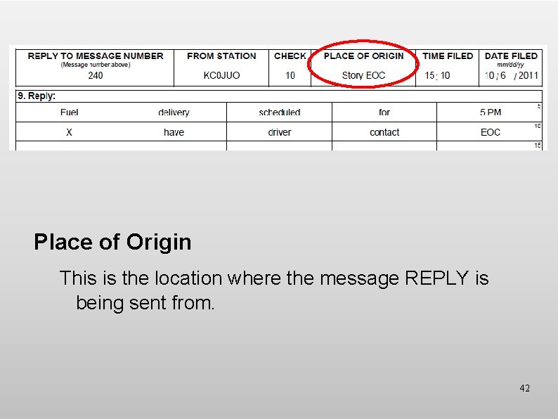Place of Origin This is the location where the message REPLY is being sent