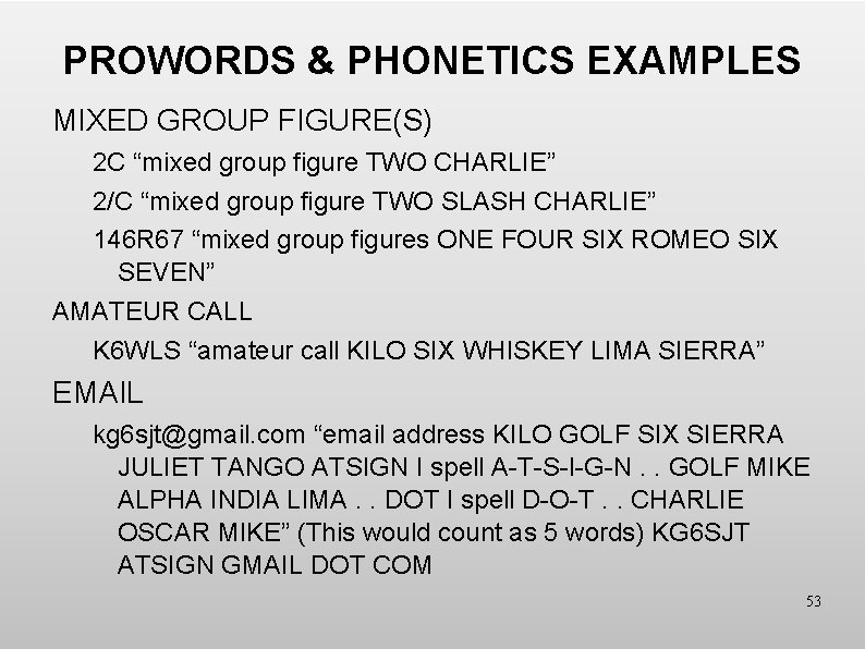 PROWORDS & PHONETICS EXAMPLES MIXED GROUP FIGURE(S) 2 C “mixed group figure TWO CHARLIE”