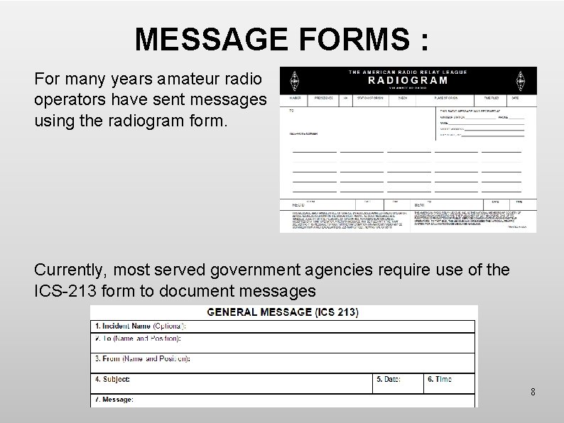 MESSAGE FORMS : For many years amateur radio operators have sent messages using the