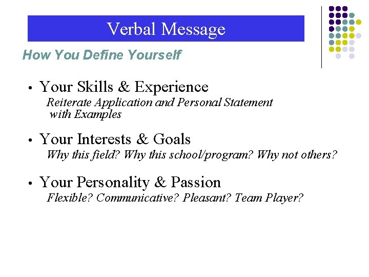 Verbal Message How You Define Yourself • Your Skills & Experience Reiterate Application and