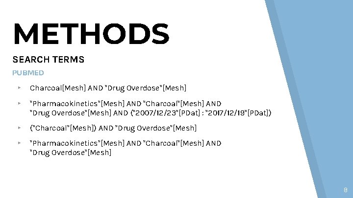 METHODS SEARCH TERMS PUBMED ▸ Charcoal[Mesh] AND "Drug Overdose"[Mesh] ▸ "Pharmacokinetics"[Mesh] AND "Charcoal"[Mesh] AND
