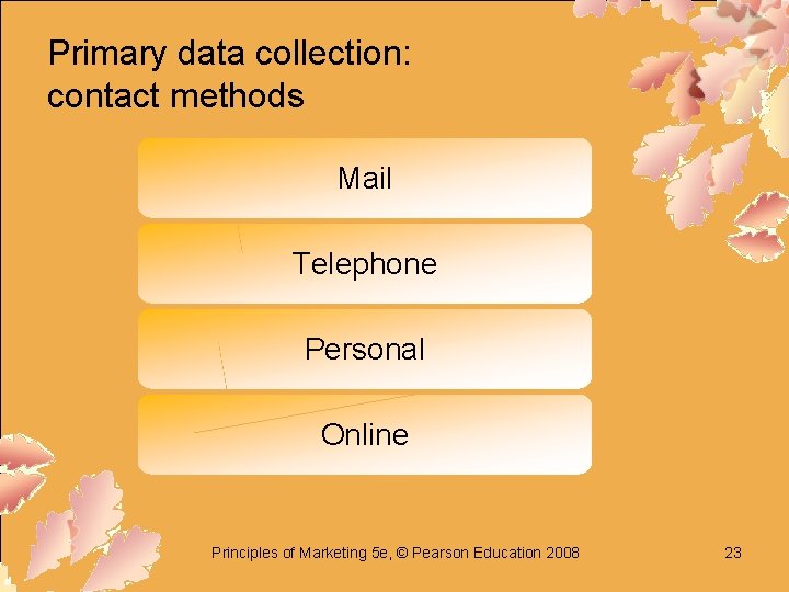 Primary data collection: contact methods Mail Telephone Personal Online Principles of Marketing 5 e,