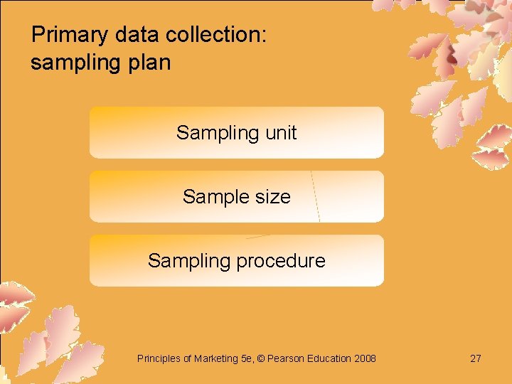 Primary data collection: sampling plan Sampling unit Sample size Sampling procedure Principles of Marketing