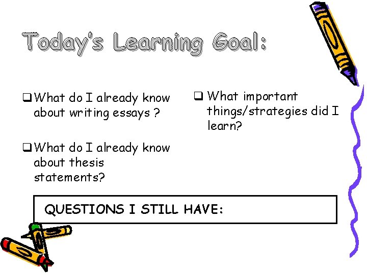 Today’s Learning Goal: q. What do I already know about writing essays ? q