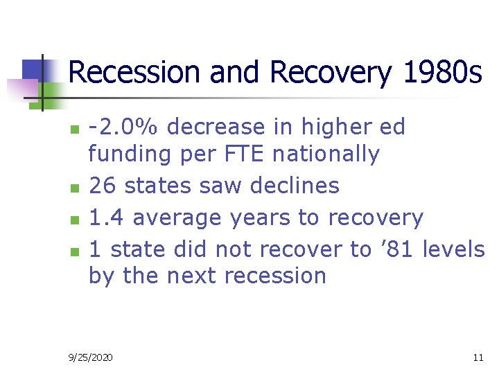 Recession and Recovery 1980 s n n -2. 0% decrease in higher ed funding