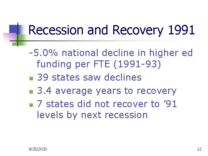 Recession and Recovery 1991 -5. 0% national decline in higher ed funding per FTE