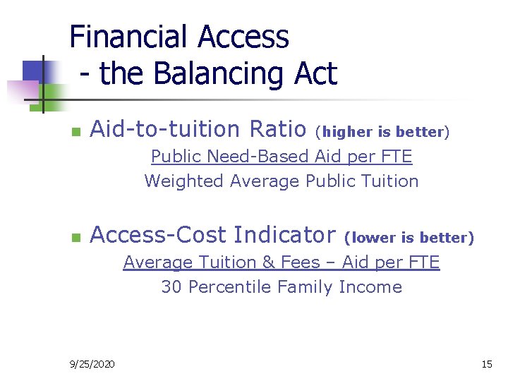 Financial Access - the Balancing Act n Aid-to-tuition Ratio (higher is better) Public Need-Based