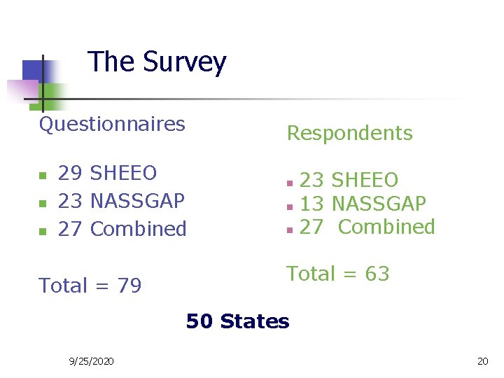 The Survey Questionnaires n n n Respondents 29 SHEEO 23 NASSGAP 27 Combined Total