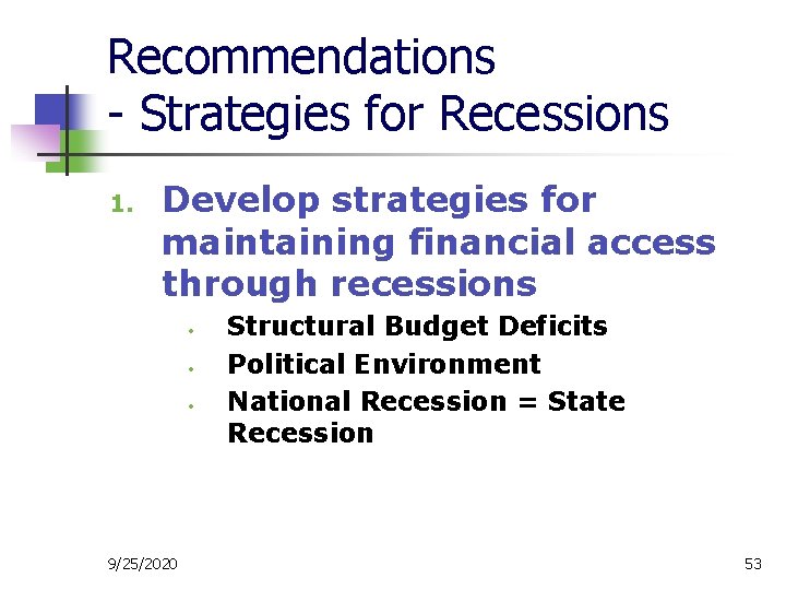 Recommendations - Strategies for Recessions 1. Develop strategies for maintaining financial access through recessions