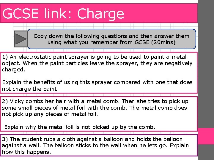 GCSE link: Charge Copy down the following questions and then answer them using what