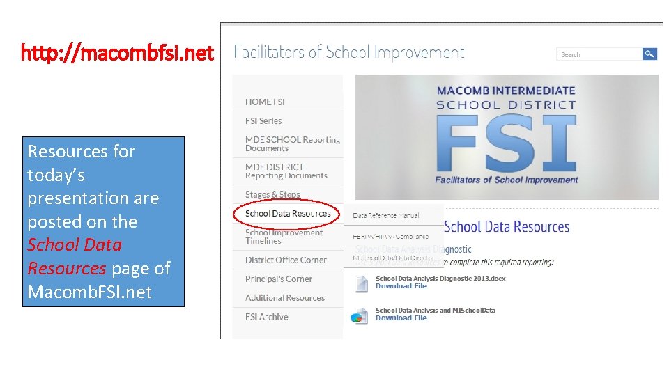 http: //macombfsi. net Resources for today’s presentation are posted on the School Data Resources