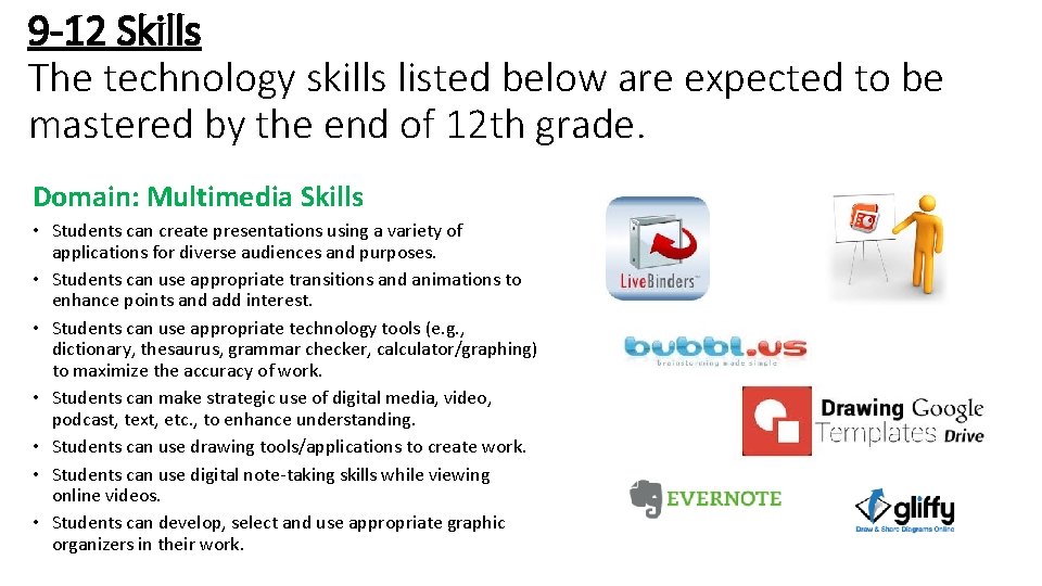 9 -12 Skills The technology skills listed below are expected to be mastered by