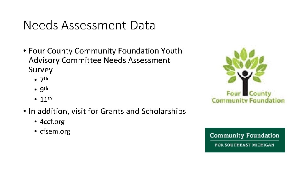 Needs Assessment Data • Four County Community Foundation Youth Advisory Committee Needs Assessment Survey