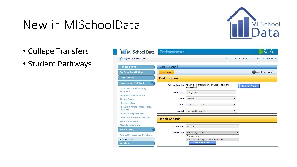 New in MISchool. Data • College Transfers • Student Pathways 