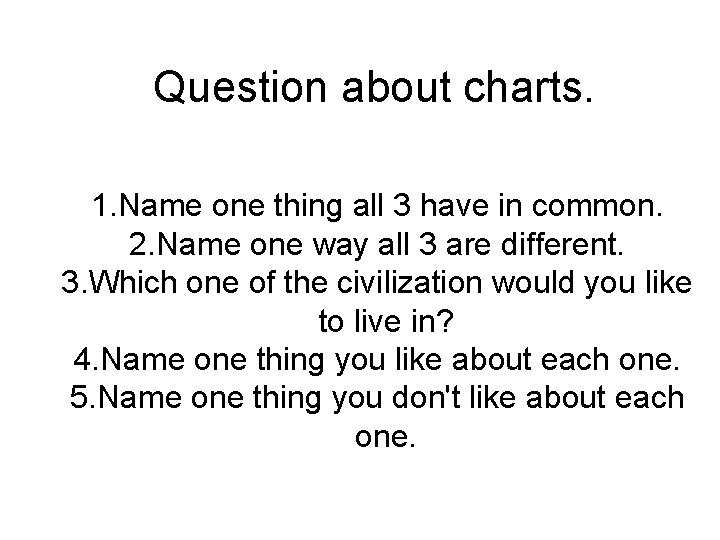 Question about charts. 1. Name one thing all 3 have in common. 2. Name Question about charts. 1. Name one thing all 3 have in common. 2. Name
