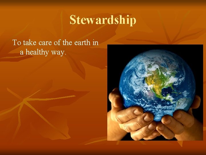 Stewardship To take care of the earth in a healthy way. 