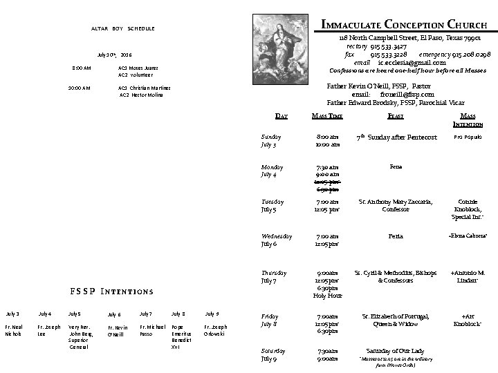 IMMACULATE CONCEPTION CHURCH ALTAR BOY SCHEDULE 118 North Campbell Street, El Paso, Texas 79901