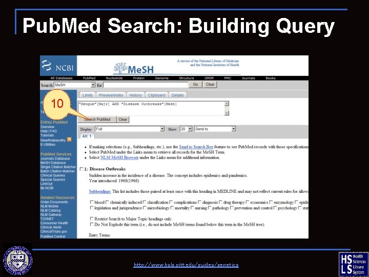 Pub. Med Search: Building Query 10 http: //www. hsls. pitt. edu/guides/genetics 