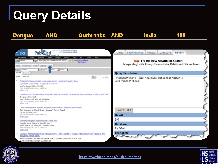 Query Details Dengue AND Outbreaks AND http: //www. hsls. pitt. edu/guides/genetics India 109 