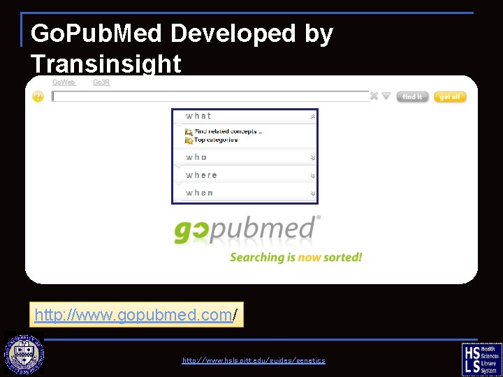 Go. Pub. Med Developed by Transinsight http: //www. gopubmed. com/ http: //www. hsls. pitt.