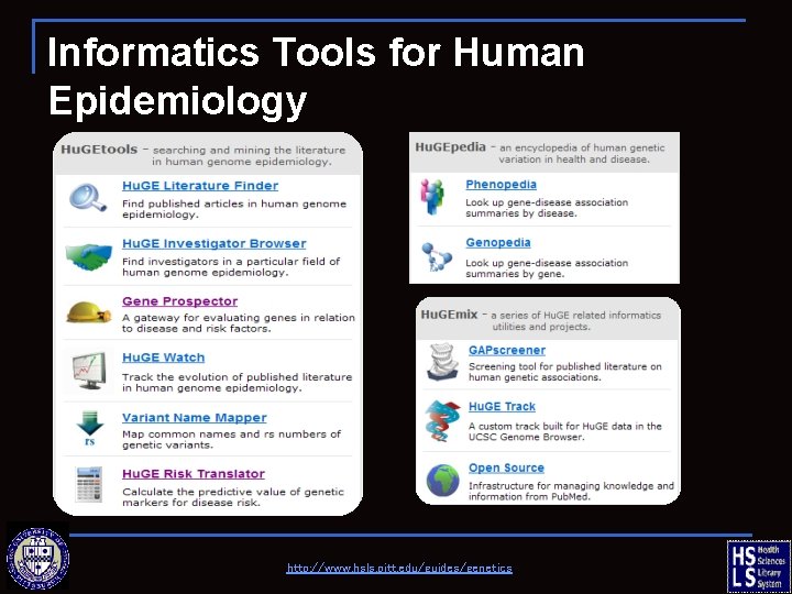 Informatics Tools for Human Epidemiology http: //www. hsls. pitt. edu/guides/genetics 
