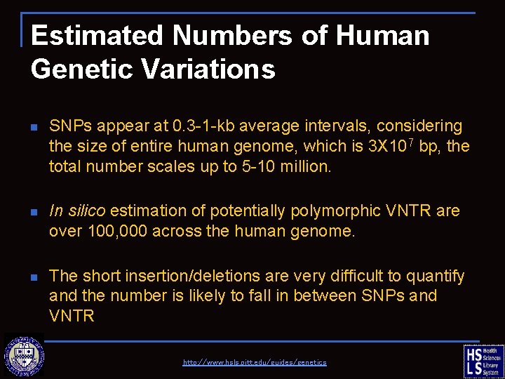 Estimated Numbers of Human Genetic Variations n SNPs appear at 0. 3 -1 -kb