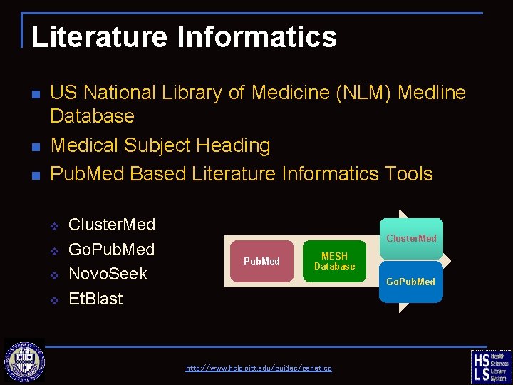 Literature Informatics n n n US National Library of Medicine (NLM) Medline Database Medical