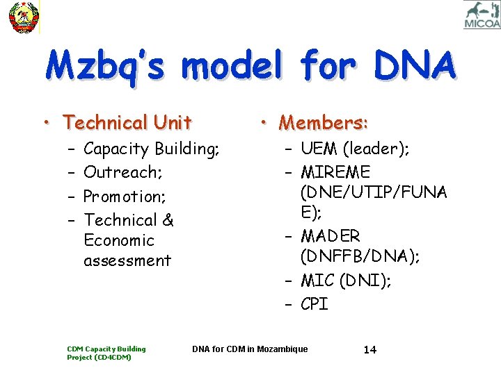 Mzbq’s model for DNA • Technical Unit – – Capacity Building; Outreach; Promotion; Technical