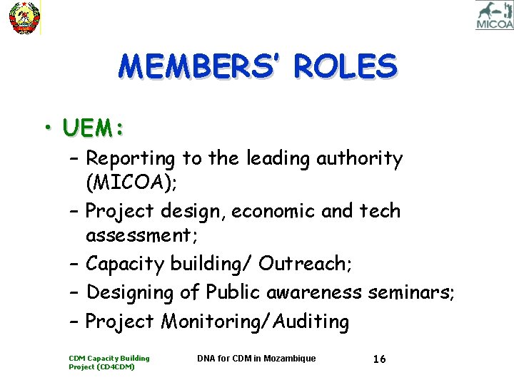 MEMBERS’ ROLES • UEM: – Reporting to the leading authority (MICOA); – Project design,