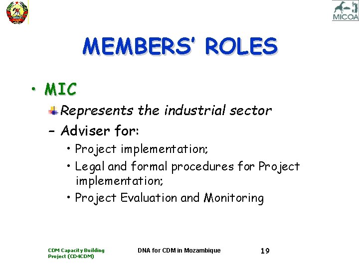 MEMBERS’ ROLES • MIC Represents the industrial sector – Adviser for: • Project implementation;