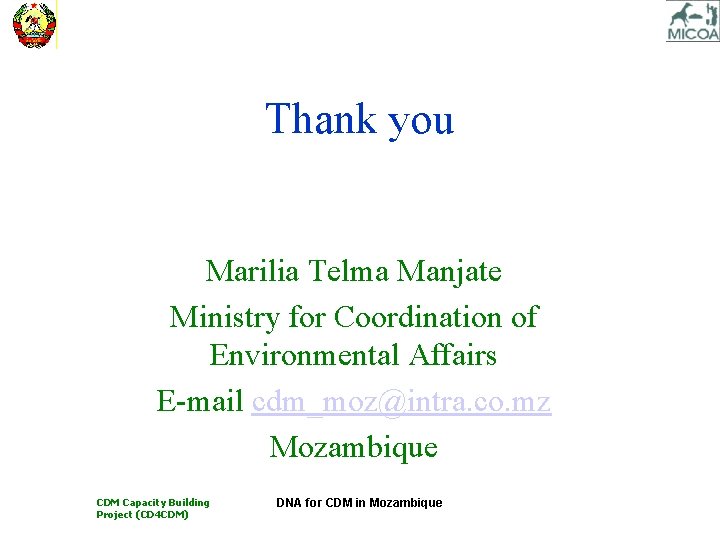 Thank you Marilia Telma Manjate Ministry for Coordination of Environmental Affairs E-mail cdm_moz@intra. co.