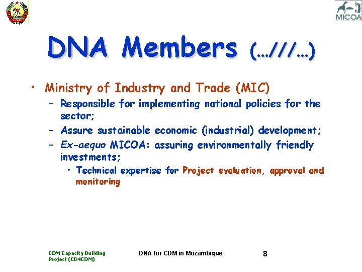 DNA Members (…///…) • Ministry of Industry and Trade (MIC) – Responsible for implementing