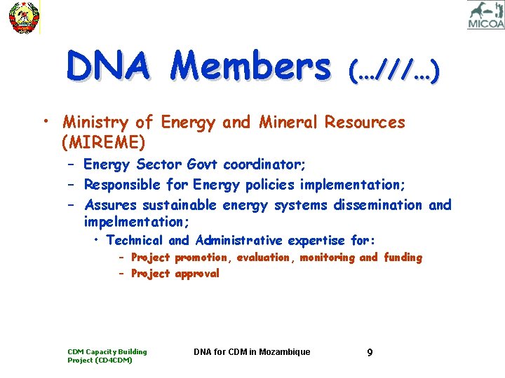 DNA Members (…///…) • Ministry of Energy and Mineral Resources (MIREME) – Energy Sector