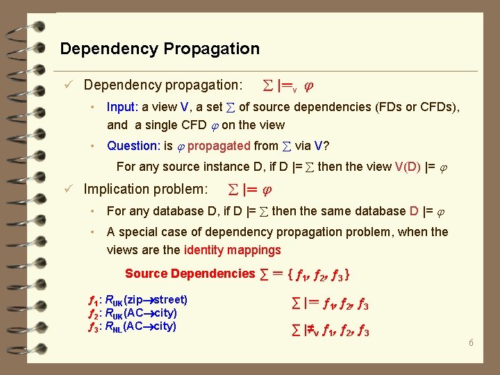 Dependency Propagation ü Dependency propagation: |＝v • Input: a view V, a set of