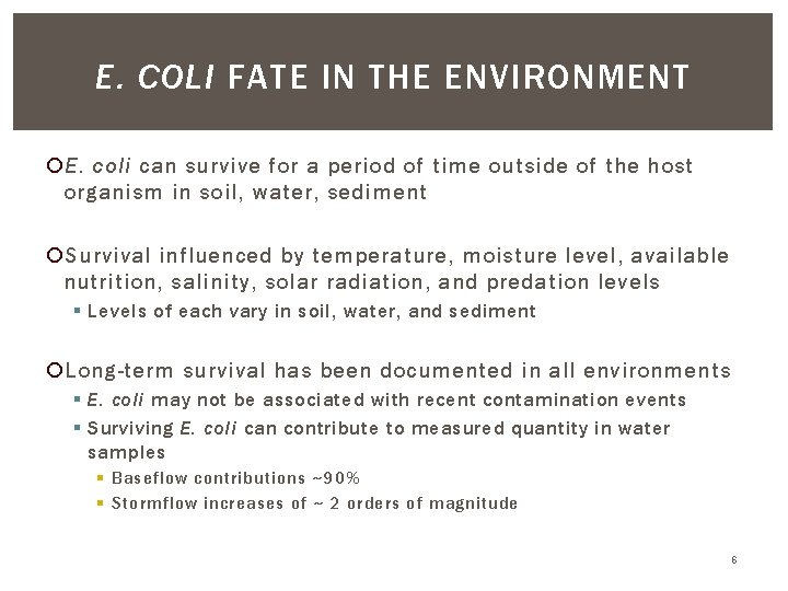 E. COLI FATE IN THE ENVIRONMENT E. coli can survive for a period of