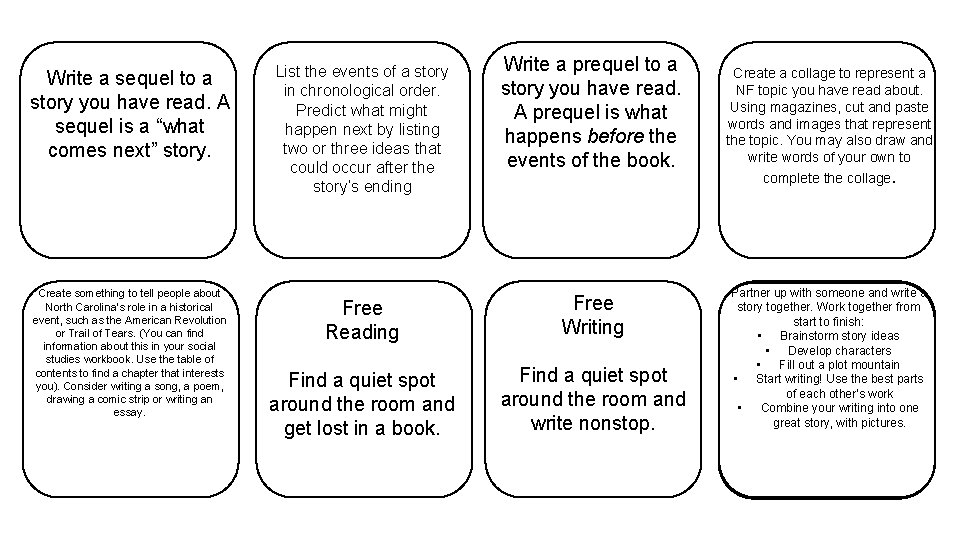 Write a sequel to a story you have read. A sequel is a “what