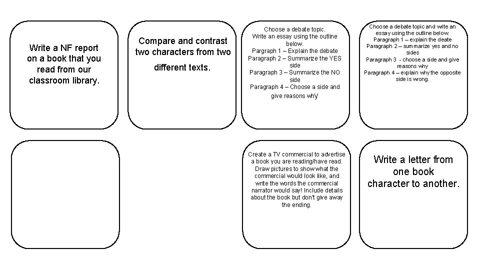 Write a NF report on a book that you read from our classroom library.