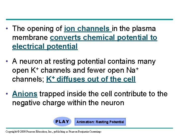  • The opening of ion channels in the plasma membrane converts chemical potential