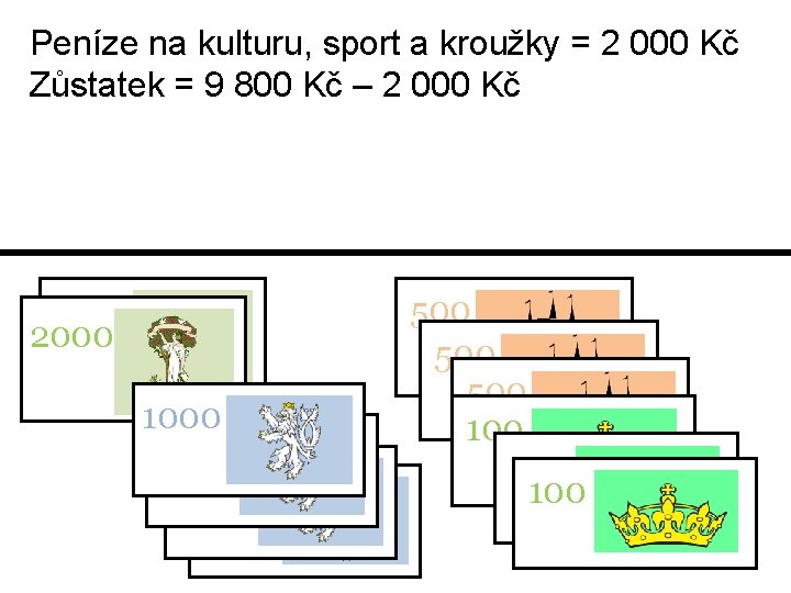 Peníze na kulturu, sport a kroužky = 2 000 Kč Zůstatek = 9 800