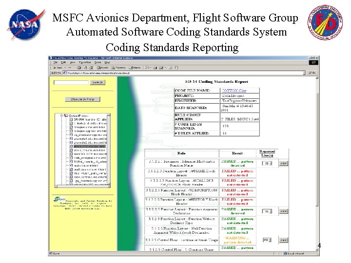 MSFC Avionics Department, Flight Software Group Automated Software Coding Standards System Coding Standards Reporting