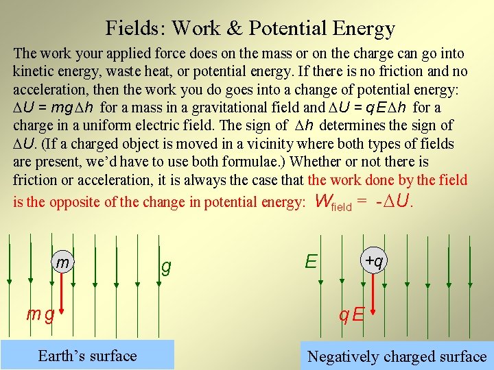 Fields: Work & Potential Energy The work your applied force does on the mass