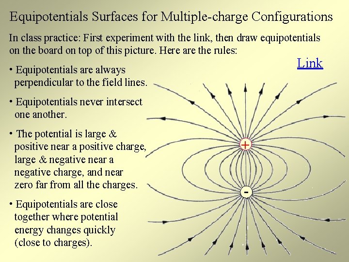 Equipotentials Surfaces for Multiple-charge Configurations In class practice: First experiment with the link, then