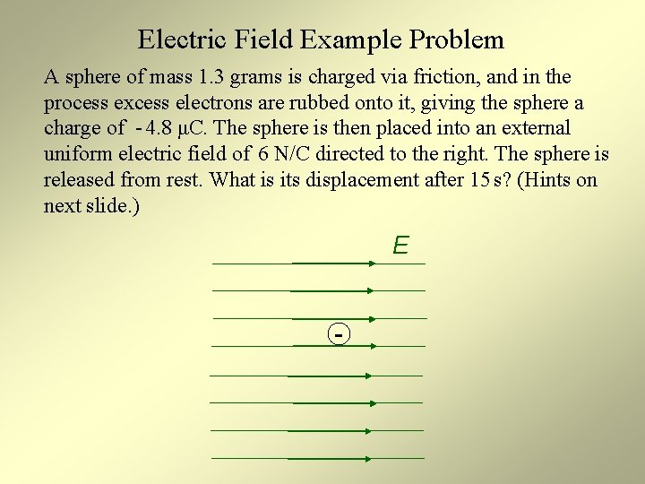 Electric Field Example Problem A sphere of mass 1. 3 grams is charged via