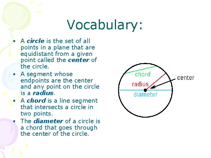 Vocabulary: • A circle is the set of all points in a plane that