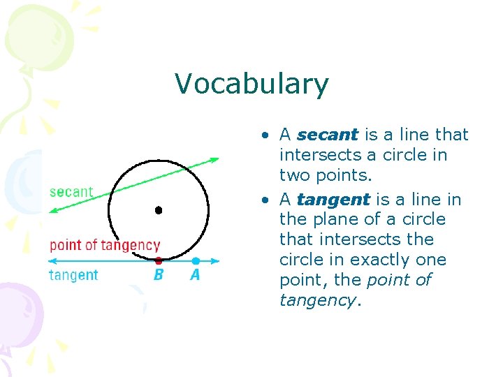 Vocabulary • A secant is a line that intersects a circle in two points.
