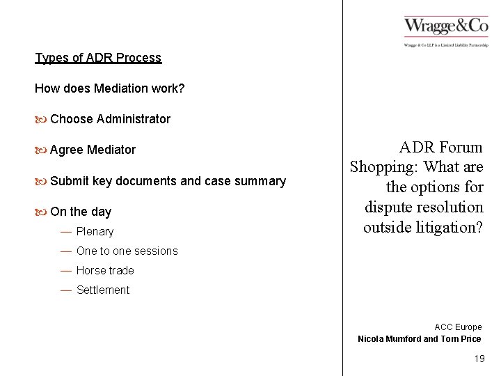 Types of ADR Process How does Mediation work? Choose Administrator Agree Mediator Submit key