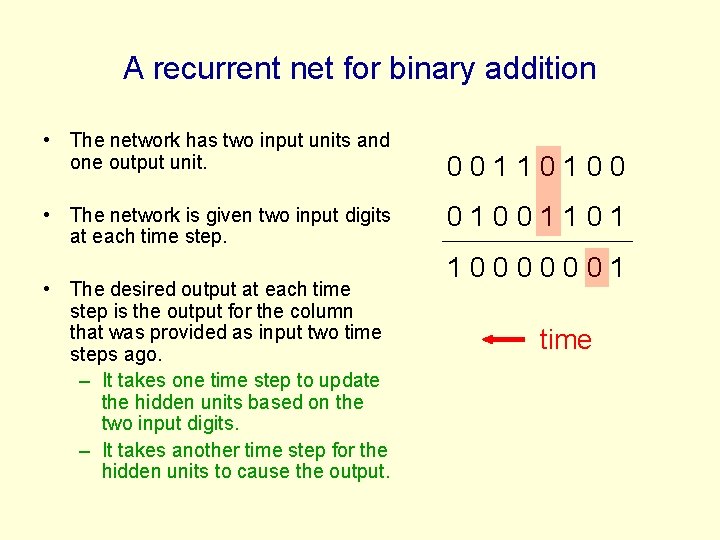 A recurrent net for binary addition • The network has two input units and