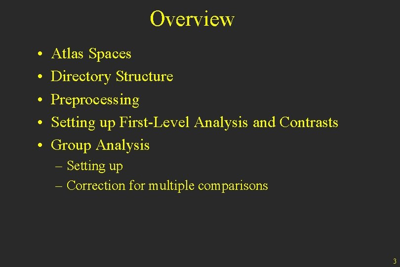 Overview • • • Atlas Spaces Directory Structure Preprocessing Setting up First-Level Analysis and